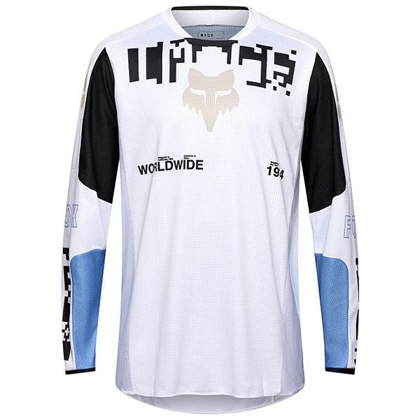 Front view of Fox Racing 180 Digi Image Jersey in White (SKU: 33535-008), showing breathable mesh and zebra graphics