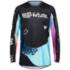 Front view of Fox Racing 180 Hello Future Jersey in Black and Blue (SKU: 33534-001), showing moisture-wicking fabric and bold graphics