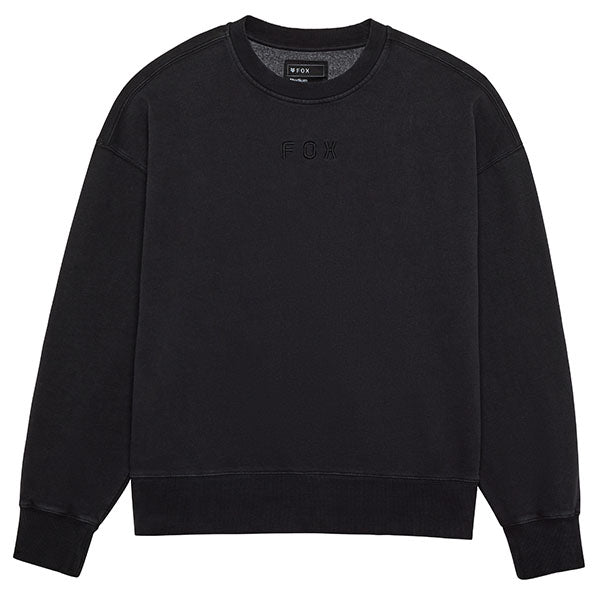 Front view of Fox Racing Wordmark Oversized Crew Pullover in Black, SKU 33142-001, featuring tonal Fox embroidery and heavyweight fleece