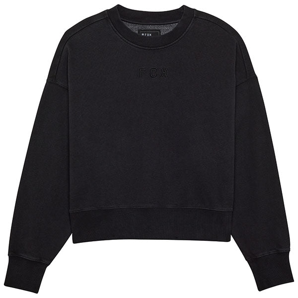 Front view of Fox Racing Wordmark Oversized Crew Pullover for women in Black (SKU: 33140-001), featuring tonal embroidered logo and heavyweight fleece