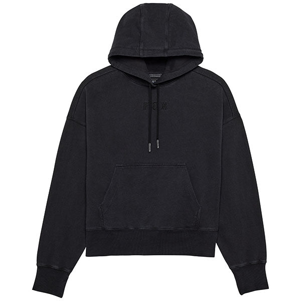 Front view of Fox Racing Women's Wordmark Oversized Pullover Hoodie in Black (SKU: 32830-001), featuring tonal Fox embroidery and kangaroo pocket