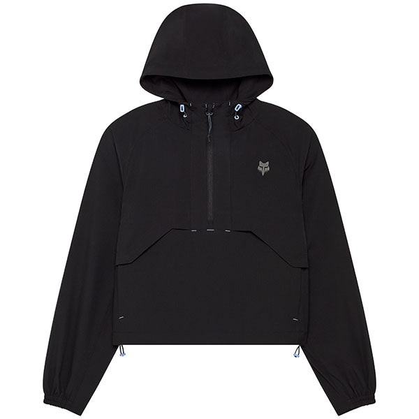 Front view of Fox Racing Women's Survivalist Windbreaker in Black showing hood, half-zip front, and zippered hand pockets, SKU: 32192-021