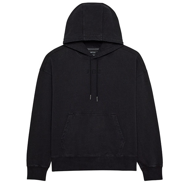 Front view of Fox Racing Wordmark Oversized Pullover Hoodie in Black, SKU 32865-001, featuring tonal embroidery and heavyweight fleece