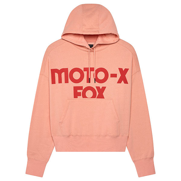 Front view of Fox Racing Women's Moto-X Oversized Hoodie in Pale Pink (SKU: 32829-273), featuring puff print Moto-X logo and heavyweight fleece