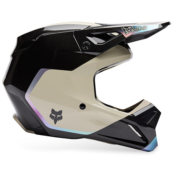 Side view of Fox Racing SKU 33530-001XS V1 Hello Future Helmet in Black and Blue (SKU: 33530-001), showing vent layout and graphic detail, sizes XS, SM, MD, LG, XL, size XS, sizes XS to XL.