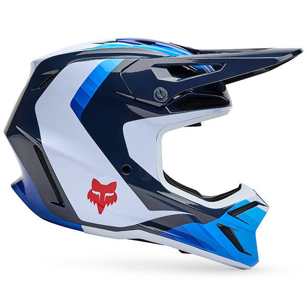 Front view of Fox Racing SKU 33529-059XS V3 Fade Helmet in White and Blue (SKU: 33529-059) in White/Blue, featuring Mips® safety system and composite fiberglass shell, sizes XS, SM, MD, LG, XL, size XS, sizes XS to XL.