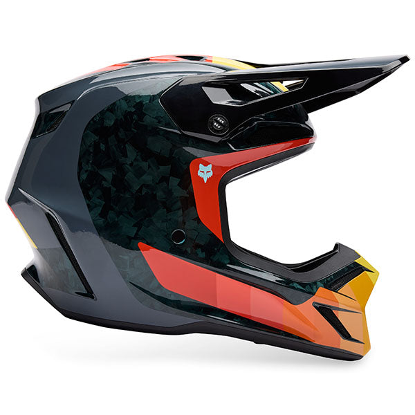 Front view of Fox Racing SKU 33528-016XS V3 RS Grid Helmet in Black and Orange (SKU: 33528-016) in Black/Orange, featuring Mips® Integra Split system and carbon fiber shell, sizes XS, SM, MD, LG, XL, size XS, sizes XS to XL.