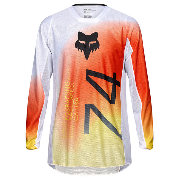 Front view of Fox Racing 180 Air Haze Jersey in White (SKU: 33536-008), showing breathable mesh and bold graphics