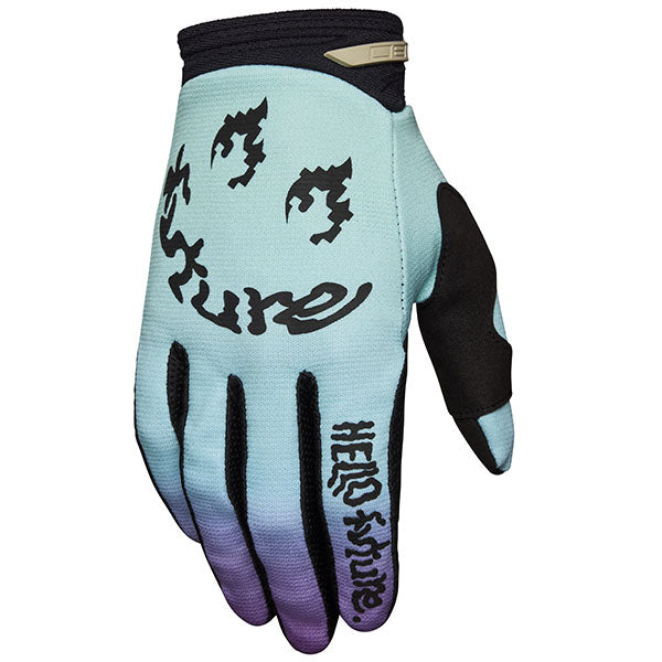 Front view of Fox Racing 180 Hello Future Gloves in Light Blue and Black (SKU: 33518-116), showing padded Clarino® palm and compression cuff
