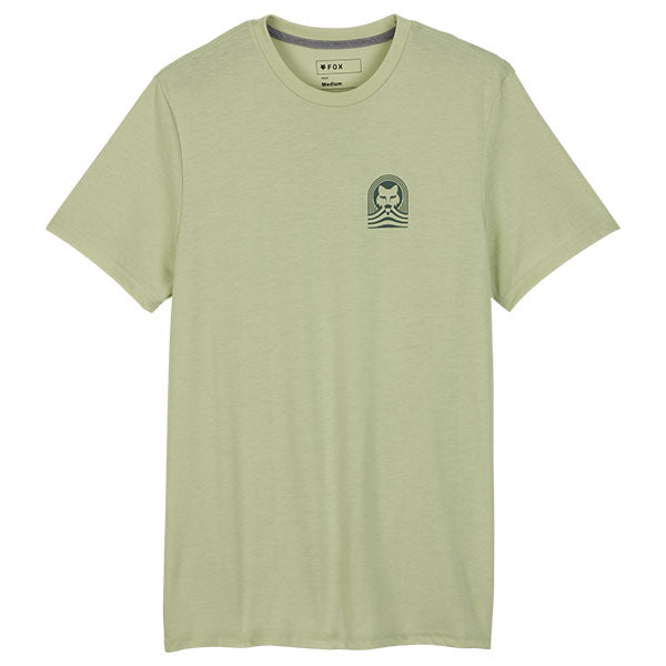 Clean studio shot of Fox Racing Exploration Tech Tee; showing tee fit, printed graphics, and crew neckline; SKU 32088-306-S; Sizes: CACTUS, BLACK