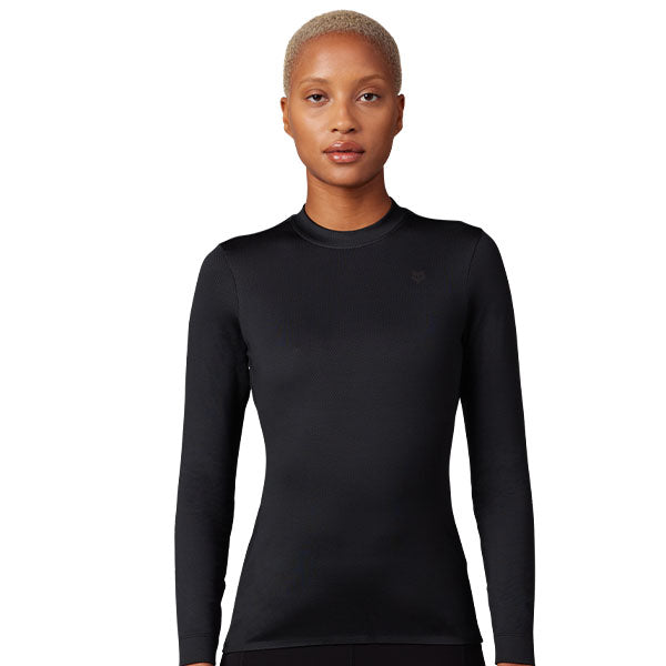 Fox Racing Tecbase Fire Long Sleeve Shirt (Womens) front angle view in XS sizes Black SKU 29932-001-XS. Base Layer Shirt | Available at BTO Sports