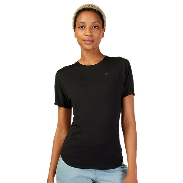 Crisp studio image on a white background of Fox Racing Forums Tech Tee (Womens); showing tee fit, printed graphics, and crew neckline; SKU 30812-001-XS