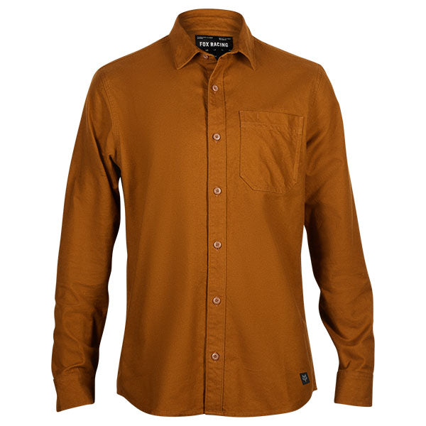 Studio photo on a white background of Fox Racing Source Flannel Shirt; showing flannel shirt fit, button front, and plaid pattern; SKU 31739-512-S