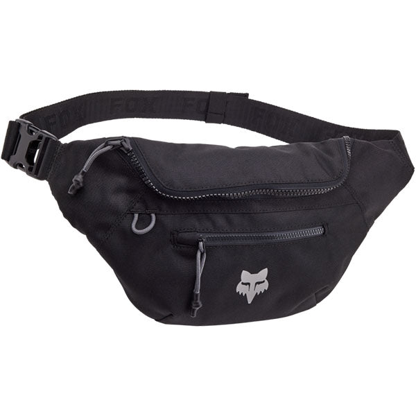 Fox Racing Fox Head Hip Pack SKU 32343 Black front view showing zipper pockets and Fox Head branding