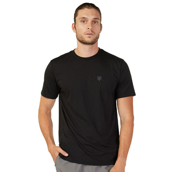 High-resolution studio image of Fox Racing Forums Tech Tee; showing tee fit, printed graphics, and crew neckline; SKU 30723-001-S; Sizes: BLACK