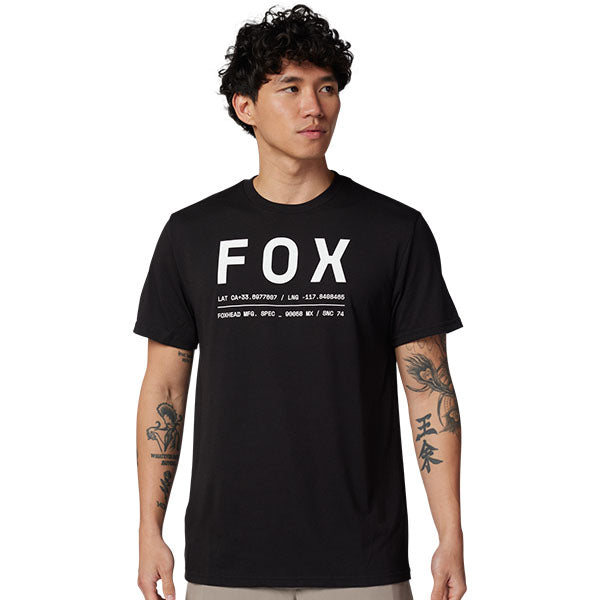 Clean studio shot of Fox Racing Non Stop Tech Tee; showing tee fit, printed graphics, and crew neckline; SKU 31688-001-S; Colors: SM, MD, LG, XL and more