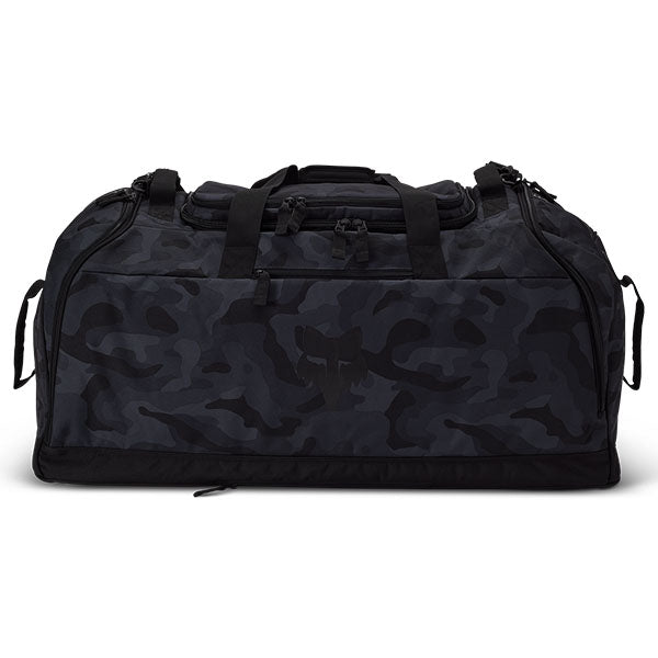 Fox Racing Podium Black Camo Duffle Bag SKU 33136 Black Camo front view showing main compartment and Fox Racing branding