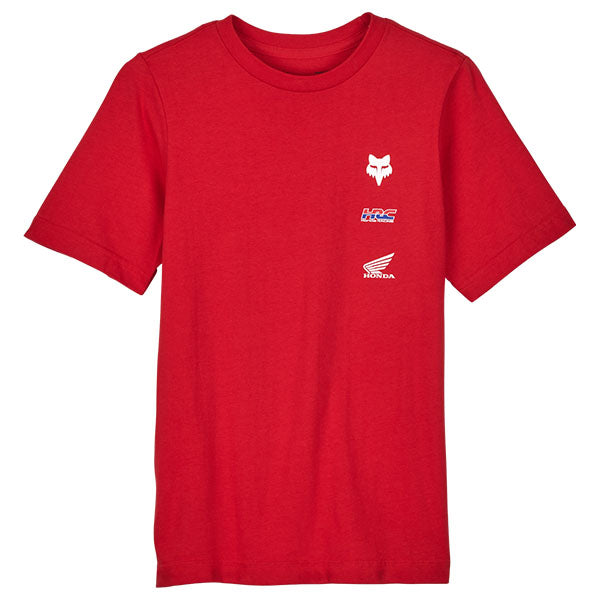 Clean studio shot of Fox Racing Fox X Honda Tee (Youth); showing tee fit, printed graphics, and crew neckline; SKU 32295-122-YS; Colors: Flame Red, Black