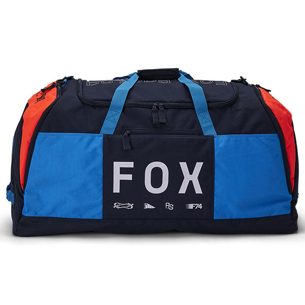 Fox Racing Podium 180 Race Spec Duffle Bag SKU 32515 True Blue front view showing main compartment and Fox Racing branding