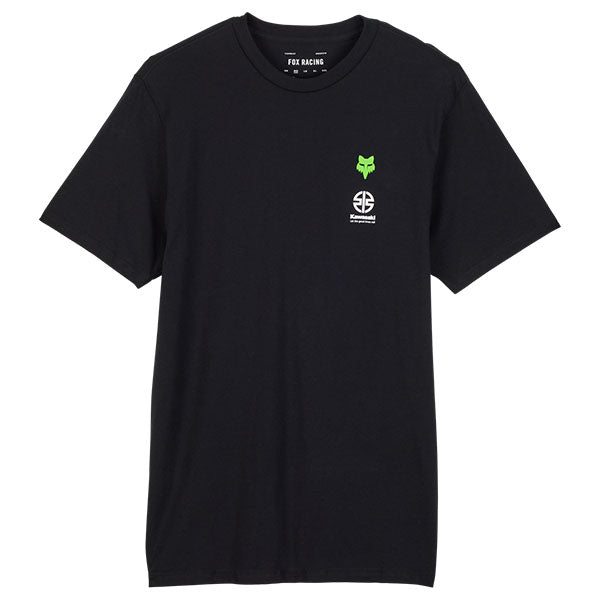 Clean studio shot of Fox Racing Fox x Kawasaki II Premium Tee; showing tee fit, printed graphics, and crew neckline; SKU 32061-001-S