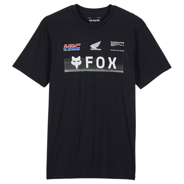 Clean studio shot of Fox Racing Fox x Honda Premium Tee; showing tee fit, printed graphics, and crew neckline; SKU 32058-001-S