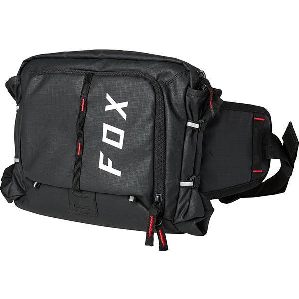 Fox Racing Utility 5L Lumbar Hydration Pack SKU 28929 Black close-up of magnetic hose retention and key clip