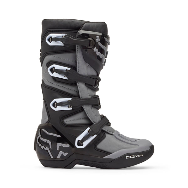Fox Racing Comp Core Boots (Youth) side view in Blk/Gry sizes Y-1, Y-2, Y-3, Y-4, Y-5, Y-6, Y-7, Y-8 SKU 30471-014-. Boots | Available at BTO Sports