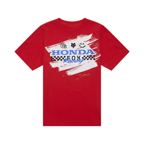 High-resolution studio image of Fox Racing Fox x Honda Tee (Youth); showing tee fit, printed graphics, and crew neckline; SKU 33568-003-YS