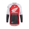 Front view of Fox Racing 180 Honda Jersey in fluorescent red showing mesh collar, vented panels, and drop-tail hem, SKU 36311-110 | SKU: 36311-110 | Available at BTO Sports