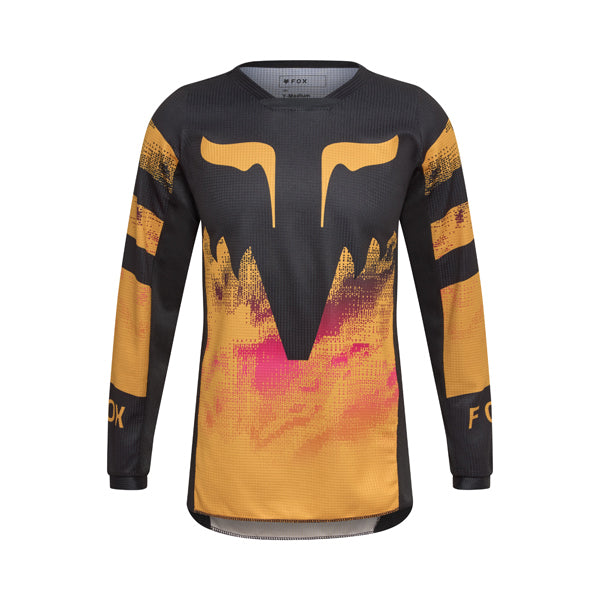 Front view of Fox Racing Youth 180 Kairos Jersey in tangerine showing moisture-wicking fabric, mesh collar, and drop-tail design, SKU 36312-279 | SKU: 36312-279 | Available at BTO Sports