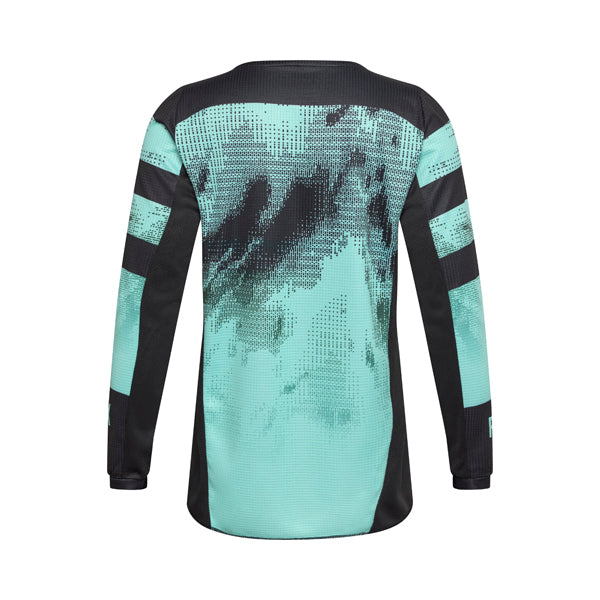 Rear angled view of Fox Racing Youth 180 Kairos Jersey in turquoise with bold sublimated graphics and airflow-enhancing mesh zones, SKU 36312-295 | SKU: 36312-279- | Available at BTO Sports