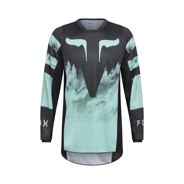 Front view of Fox Racing 180 Kairos Jersey in turquoise showing mesh collar, vented panels, and drop-tail hem, SKU 36313-295 | SKU: 36313-295 | Available at BTO Sports