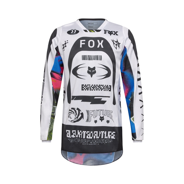 Front view of Fox Racing 180 Image Cosmo Jersey in white/black showing mesh collar, vented panels, and drop-tail hem, SKU 36314-058 | SKU: 36314-058 | Available at BTO Sports