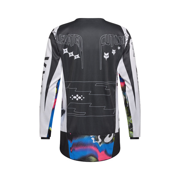 Rear view of Fox Racing 180 Image Cosmo Jersey in white/black showing sublimated graphics and extended tail, SKU 36314-058 | SKU: 36314-05 | Available at BTO Sports