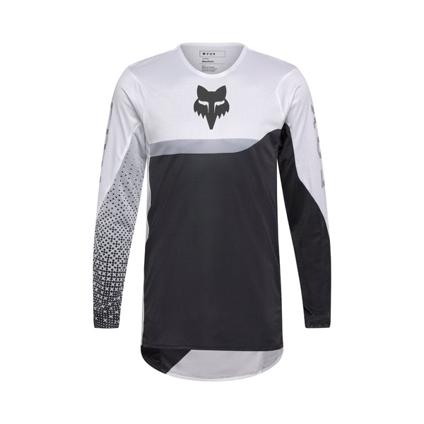 Front view of Fox Racing Flexair Fracture Jersey in white/black showing fractured graphic and active-fit sleeves, SKU 36316-058 | SKU: 36316-05 | Available at BTO Sports