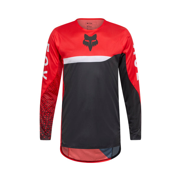 Front view of Flexair Fracture Jersey in fluorescent red with bold Fox branding and breathable sleeves, SKU 36316-110 | SKU: 36316-05 | Available at BTO Sports