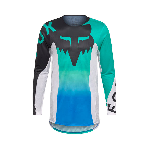 Front view of Fox Racing Flexair Spire Jersey in aqua blue showing oversized Fox logo and breathable sleeve design, SKU 36317-246 | SKU: 36317-24 | Available at BTO Sports