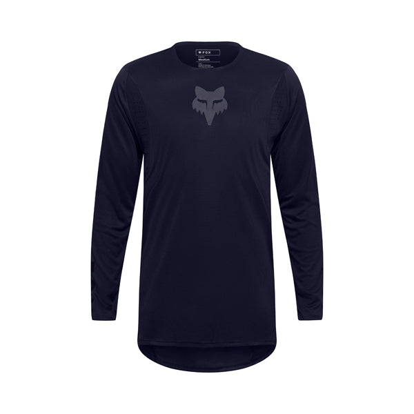 Front view of Fox Racing Flexair Blackout Jersey in black showing bonded collar, RAP sleeve fit, and minimalist design, SKU 36319-001 | SKU: 36319-00 | Available at BTO Sports