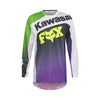 Front view of Fox Racing 180 Kawasaki Jersey in purple/white showing mesh collar, vented panels, and drop-tail hem, SKU 36323-A08 | SKU: 36323-A08 | Available at BTO Sports
