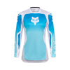 Front view of Fox Racing Women’s 180 Shield Jersey in white and blue showing breathable mesh panels, moisture-wicking fabric, and drop-tail hem, SKU 36324-059 | SKU: 36324-28 | Available at BTO Sports
