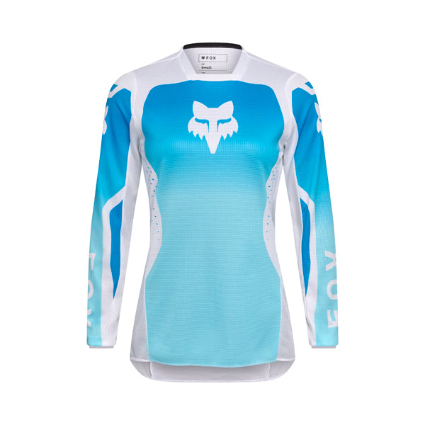 Front view of Fox Racing Women’s 180 Shield Jersey in white and blue showing breathable mesh panels, moisture-wicking fabric, and drop-tail hem, SKU 36324-059 | SKU: 36324-28 | Available at BTO Sports