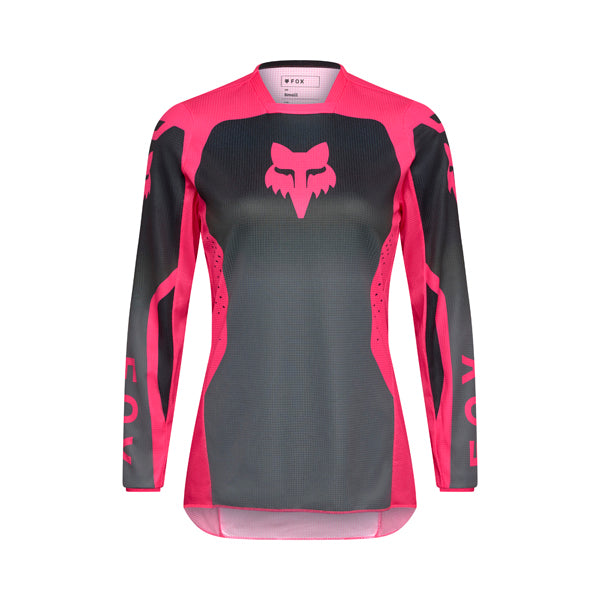 Front view of Fox Racing Women’s 180 Shield Jersey in black and pink showing moisture-wicking fabric, mesh sleeve panels, and drop-tail hem, SKU 36324-285 | SKU: 36324-285 | Available at BTO Sports