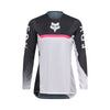 Front view of Fox Racing Women’s Flexair Fracture Jersey in white and black showing TruDri® moisture-wicking fabric, active-fit sleeves, and bonded collar, SKU 36326-058 | SKU: 36326-058 | Available at BTO Sports