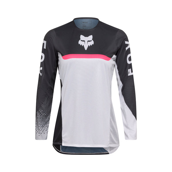 Front view of Fox Racing Women’s Flexair Fracture Jersey in white and black showing TruDri® moisture-wicking fabric, active-fit sleeves, and bonded collar, SKU 36326-058 | SKU: 36326-058 | Available at BTO Sports