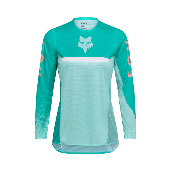 Front view of Fox Racing Women’s Flexair Fracture Jersey in aqua showing lightweight TruDri® fabric, bonded stretch cuffs, and active-fit sleeves, SKU 36326-246 | SKU: 36326-05 | Available at BTO Sports