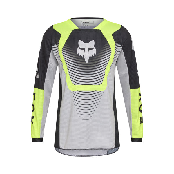 Front view of Fox Racing Youth 180 Collect Jersey in grey/yellow showing moisture-wicking fabric, mesh collar, and drop-tail design, SKU 36329-086 | SKU: 36329-086 | Available at BTO Sports