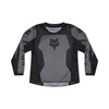 Front view of Fox Racing 180 Shield Pee Wee Jersey in black showing moisture-wicking polyester fabric, mesh sleeve panels, and drop-tail hem, SKU 36330-001 | SKU: 36330-001 | Available at BTO Sports