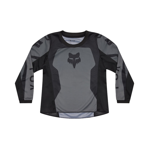 Front view of Fox Racing 180 Shield Pee Wee Jersey in black showing moisture-wicking polyester fabric, mesh sleeve panels, and drop-tail hem, SKU 36330-001 | SKU: 36330-001 | Available at BTO Sports