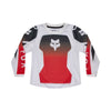 Front view of Fox Racing 180 Shield Pee Wee Jersey in flo red showing breathable mesh panels, moisture-wicking fabric, and drop-tail hem, SKU 36330-110 | SKU: 36330-110 | Available at BTO Sports