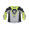 Front view of Fox Racing 180 Collect Pee Wee Jersey in black, grey, and flo yellow showing moisture-wicking fabric, mesh sleeve panels, and drop-tail hem, SKU 36331-086 | SKU: 36331-086 | Available at BTO Sports